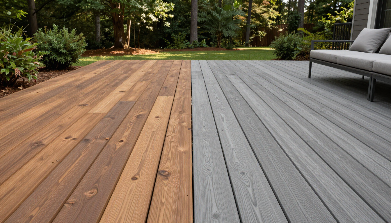 A modern backyard deck featuring a split design of natural cedar wood and sleek grey Trex composite decking in Raleigh, NC.