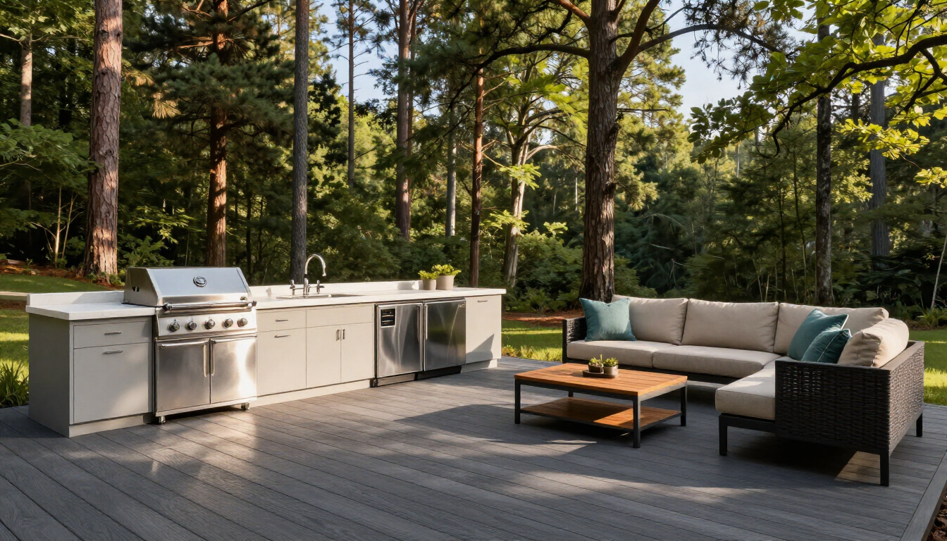 A beautiful custom deck in a Raleigh backyard.