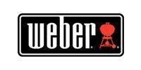 Weber logo on black rectangle; white text, red grill icon.
