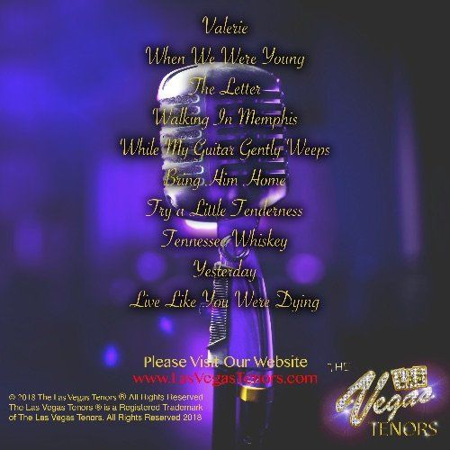 Album cover featuring a microphone, song titles, and the Vegas Tenors logo, with a blue background.
