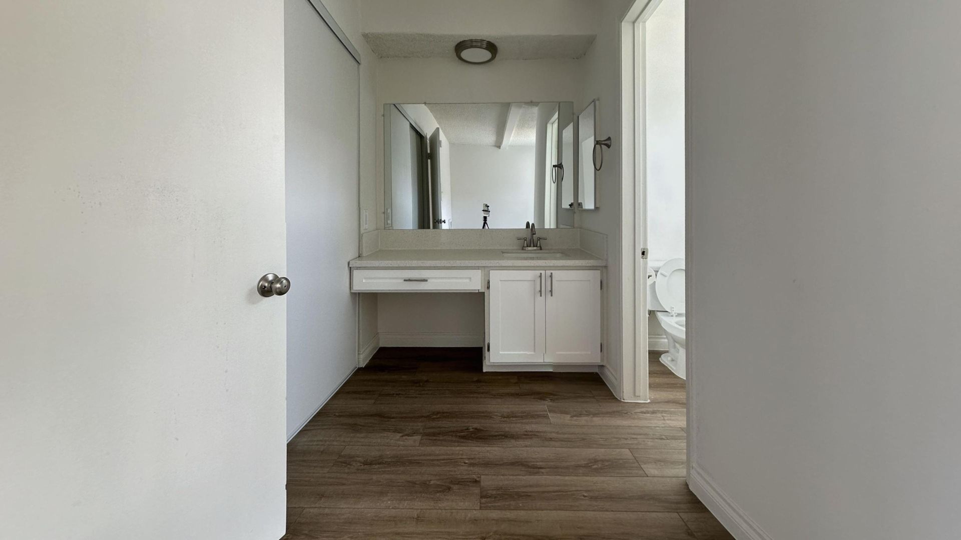 Bathroom interior with vanity, sink, mirror, and toilet visible. Doorway on left, and wood-look flooring.