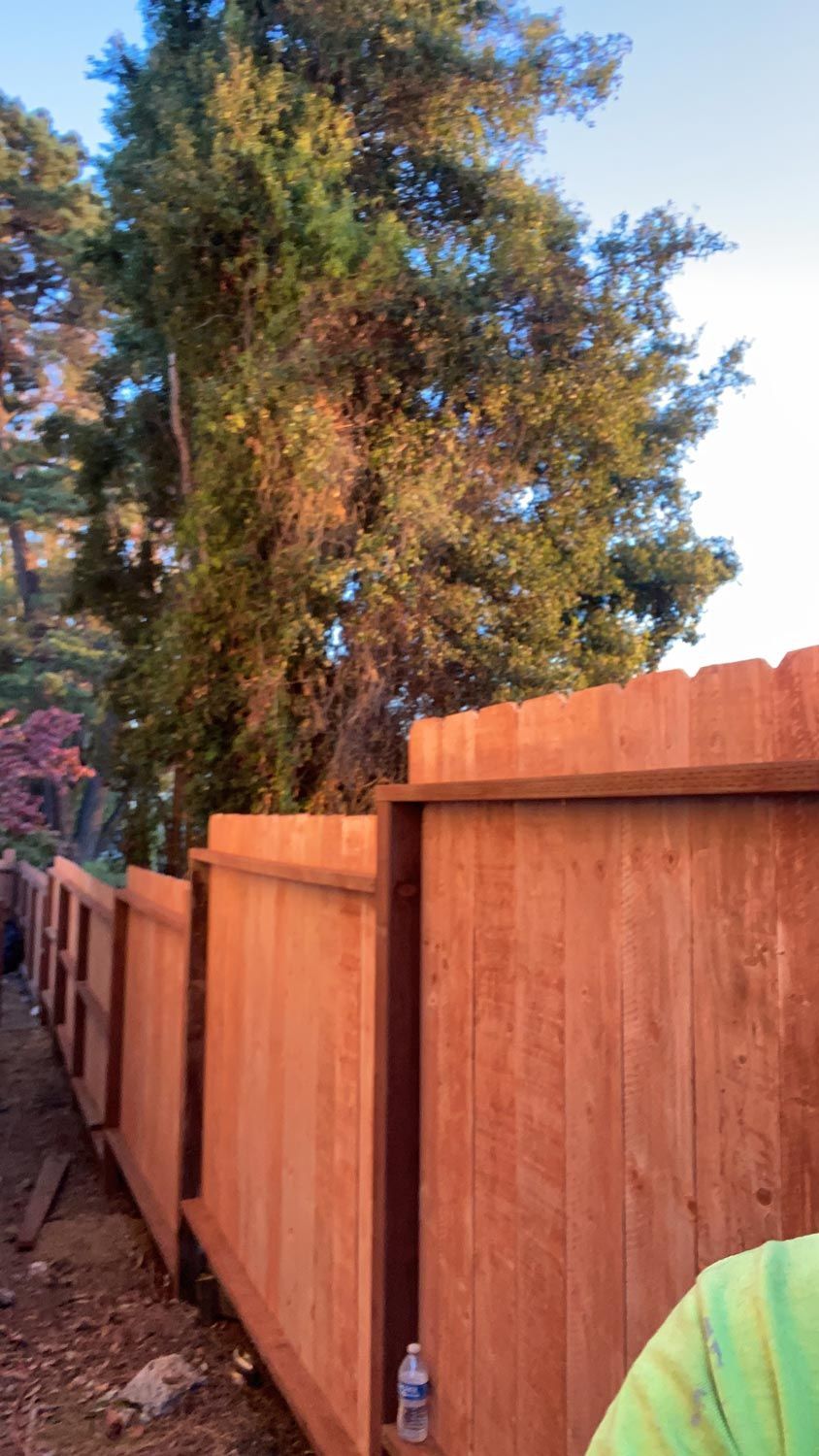 A wooden fence with a tree in the background.
