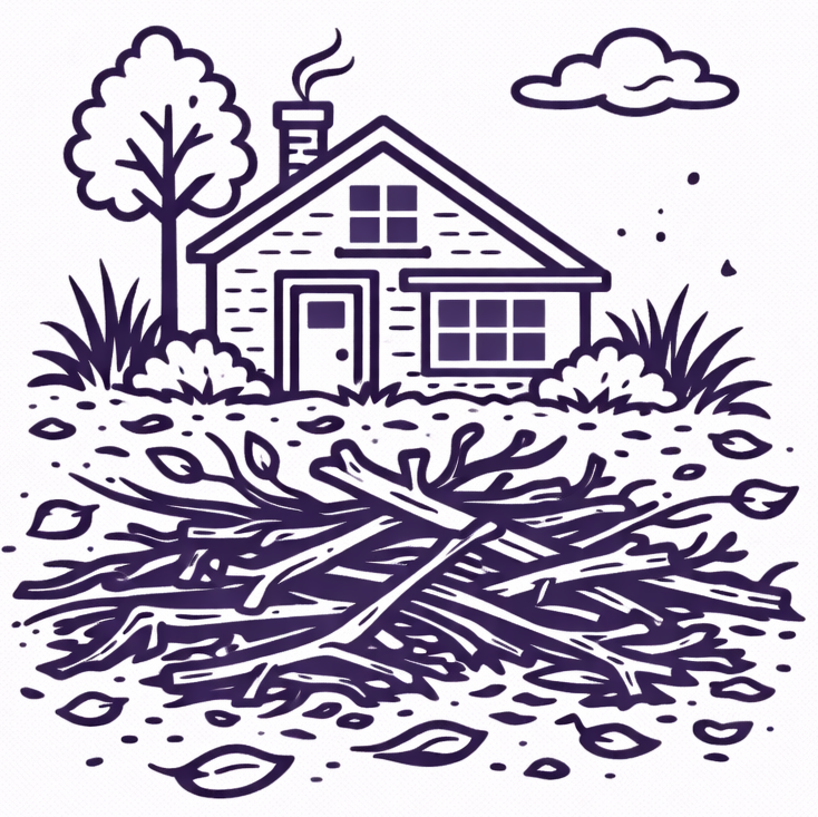A minimalist purple line drawing of a house with a tree and a pile of branches in the foreground.