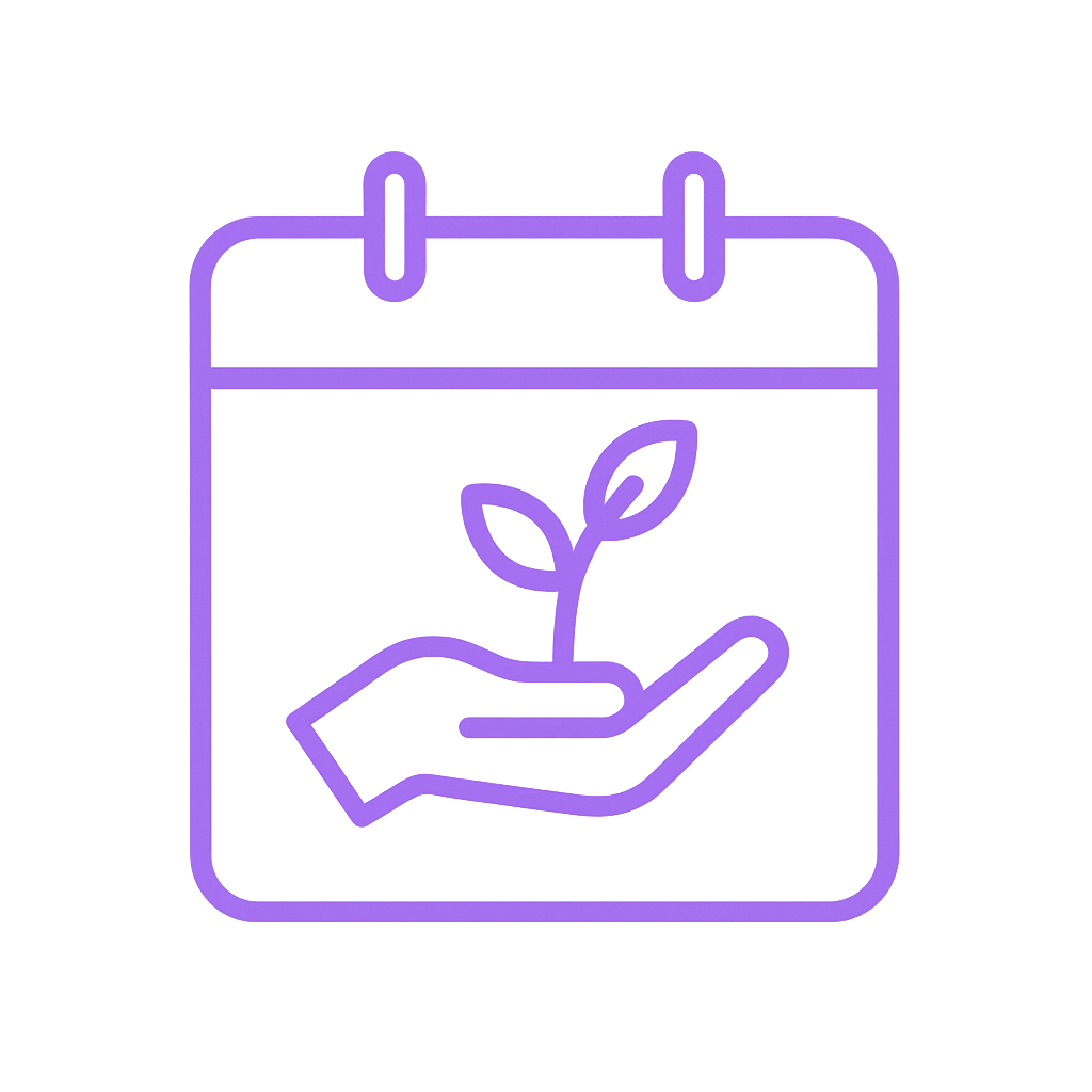 Calendar icon with hand holding seedling in lavender.