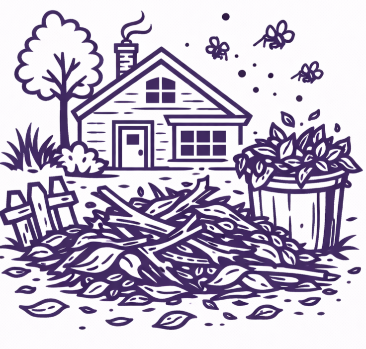 A line-art illustration shows a house with a yard containing a large pile of leaves, branches, and a bucket of plants.