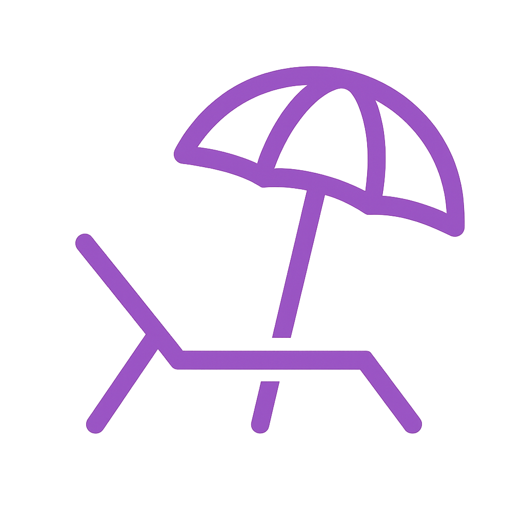 Purple beach chair and umbrella.