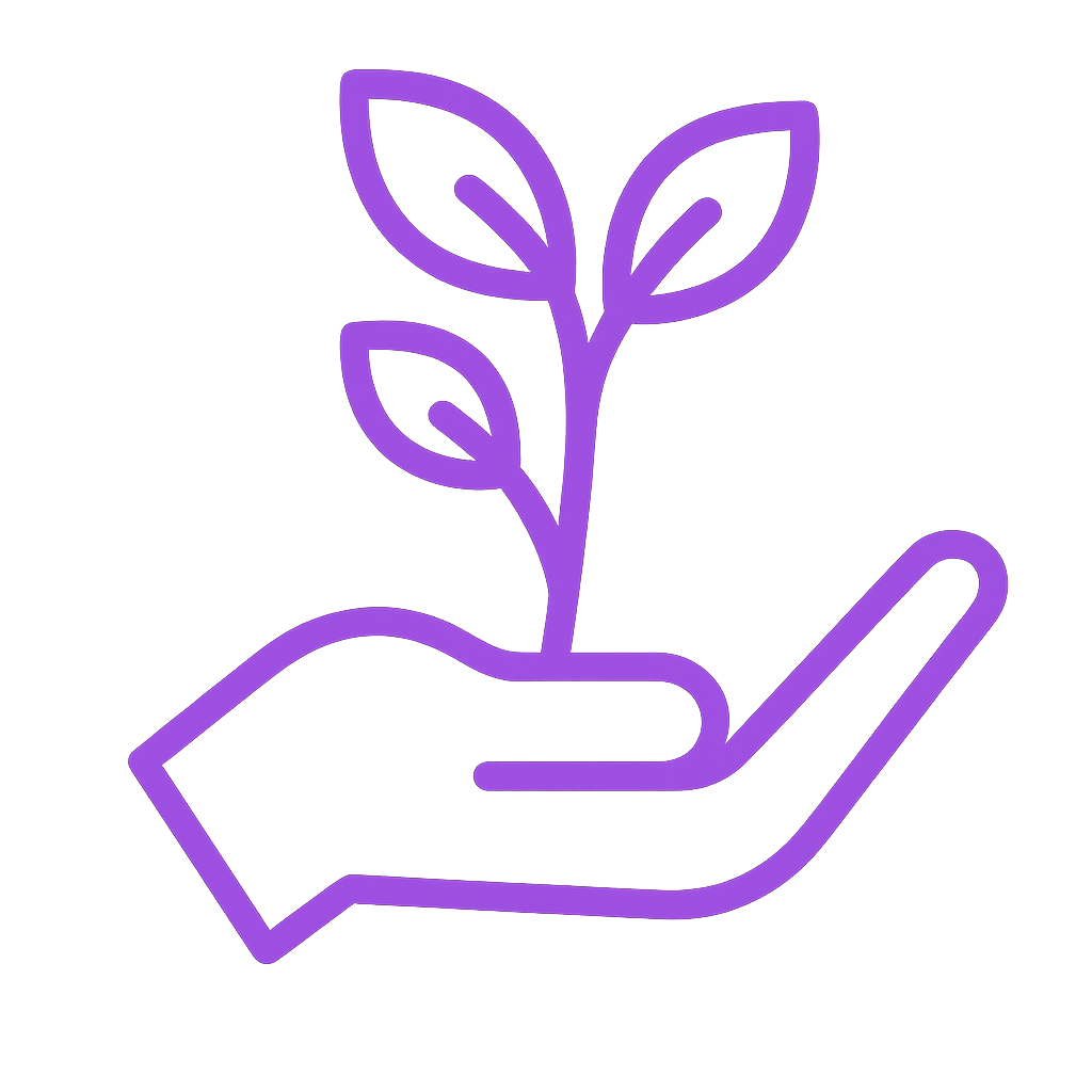 Purple hand holding a growing plant, symbolizing growth and care.