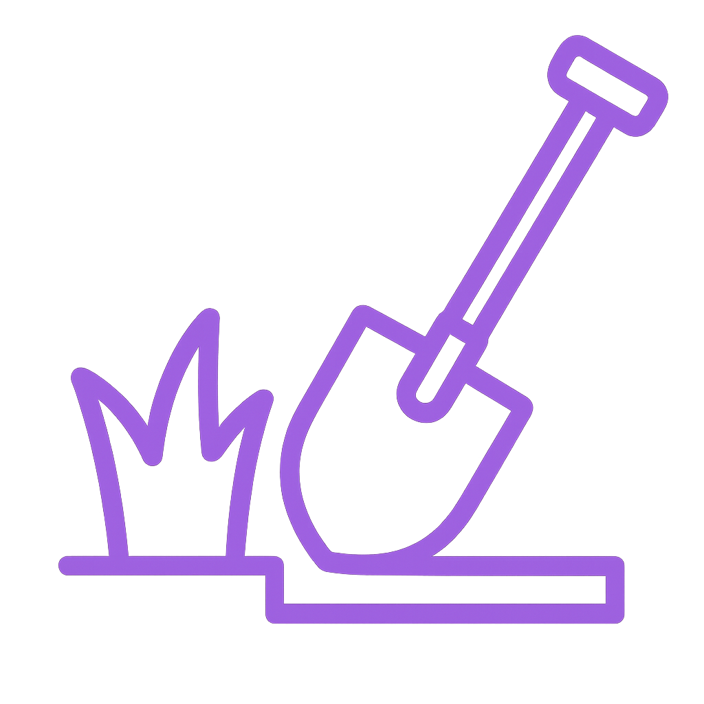 Purple shovel digging into the ground near grass.