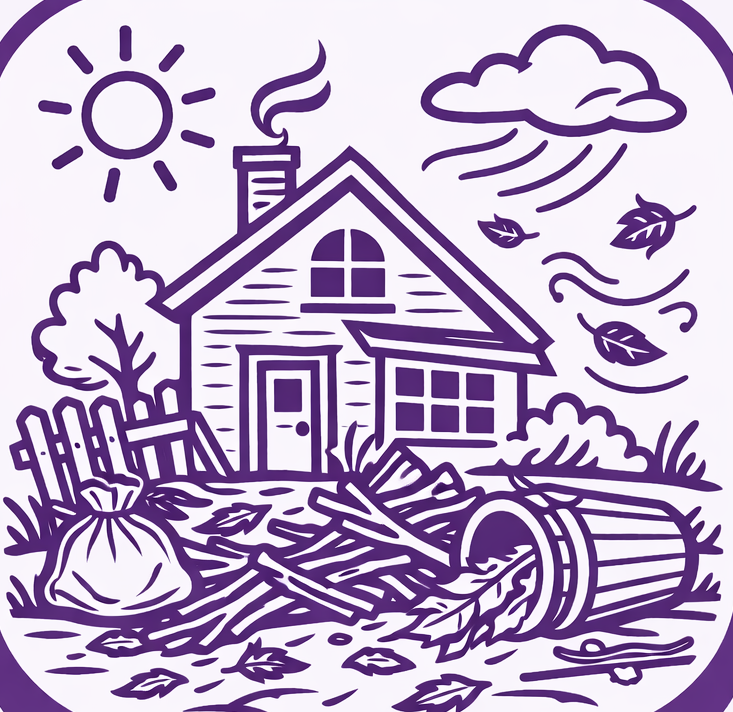 A house with excess yard debris under sun and rain, including leaves, a tipped barrel, and a bag.