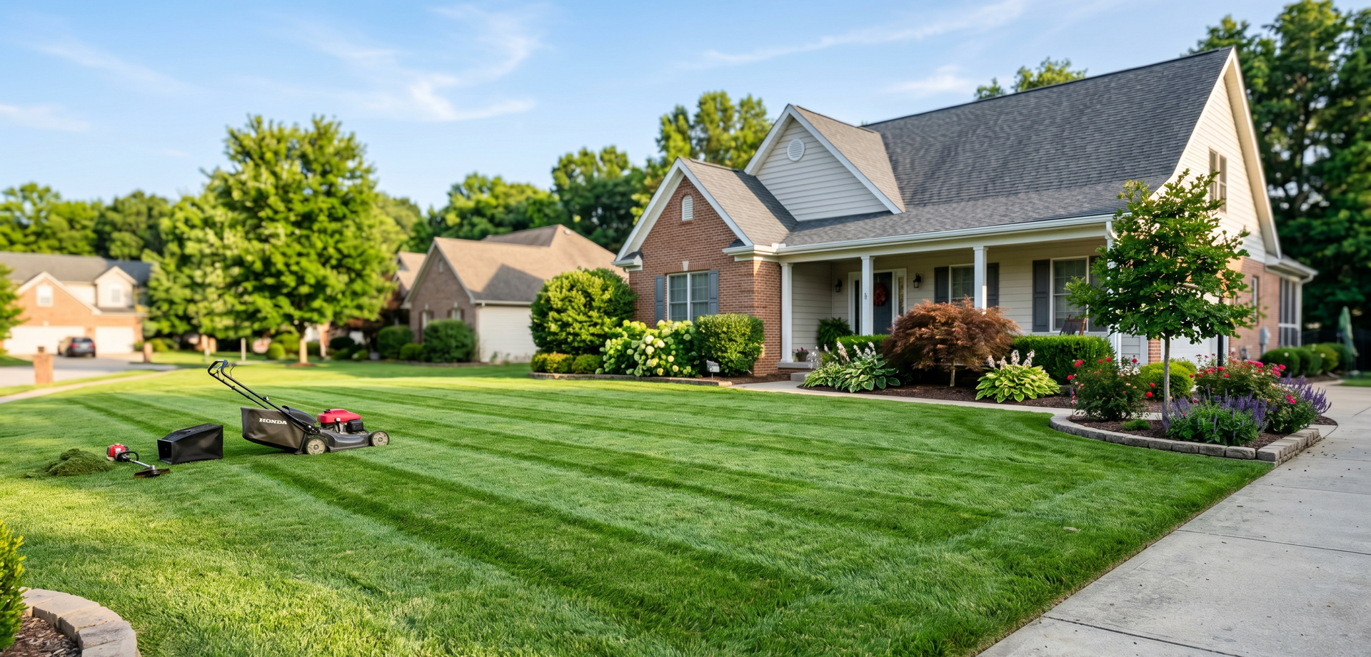 Two men mowing a lawn with a truck that says Solterra Landscape parked in the background.