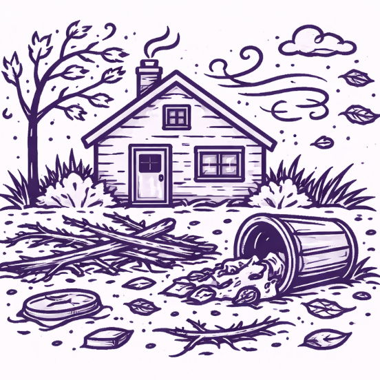 A purple, stylized line drawing of a windy autumn day at a cabin with scattered branches, leaves, and an overturned bin.