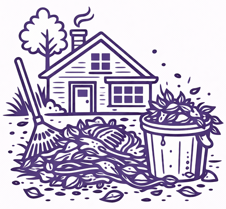 A purple line drawing of a house, a rake, and a yard debris pile in a bucket against a white background.