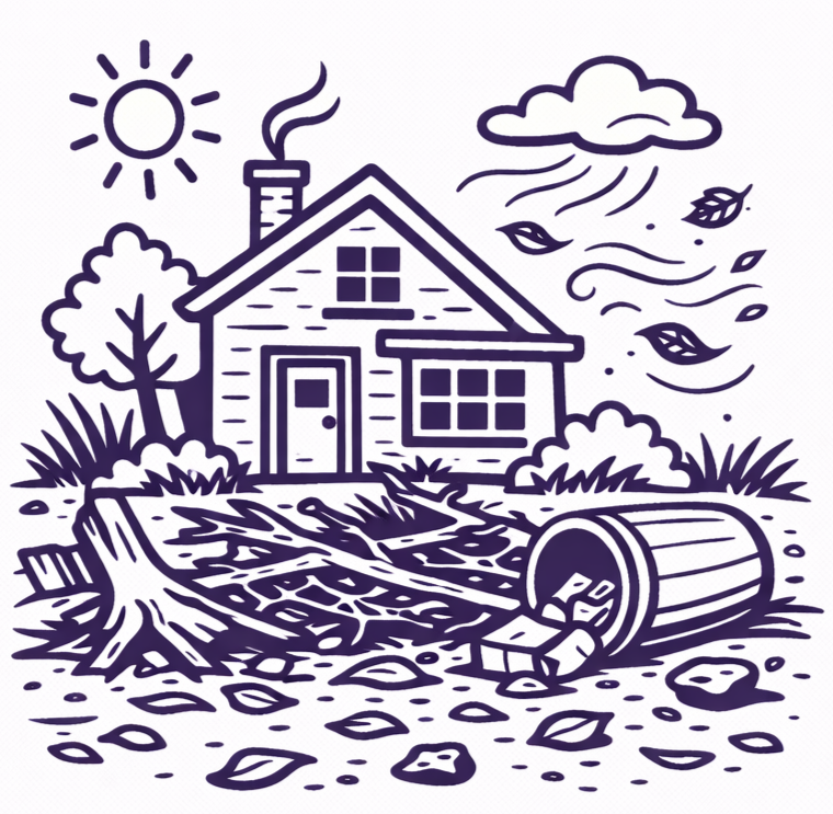 A line-art illustration shows a house on a windy, autumn day with leaves blowing, a fallen barrel, and a tree stump.