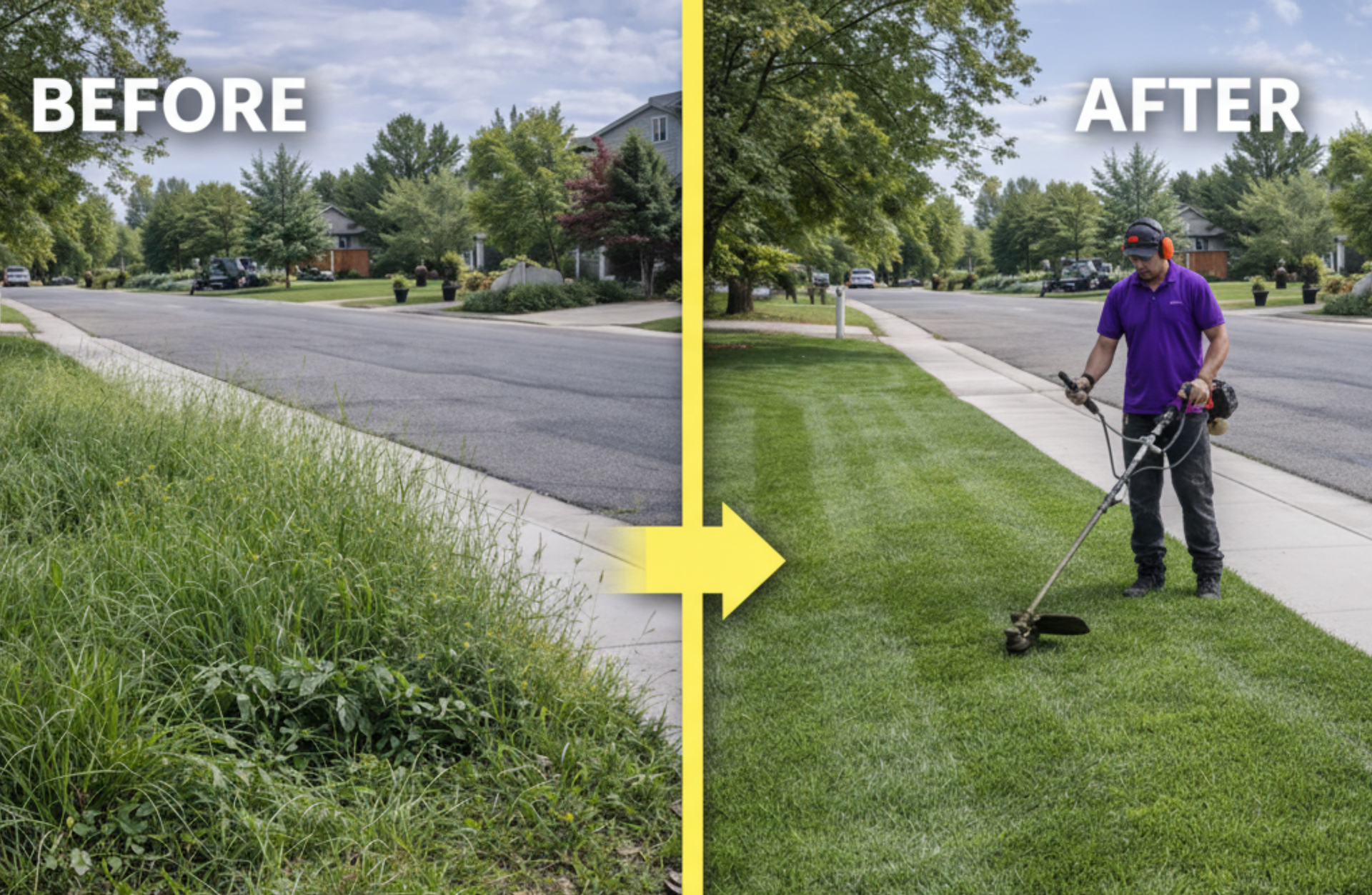 Before and after lawn care. Left side: overgrown weeds. Right side: man using weed eater on neat grass.