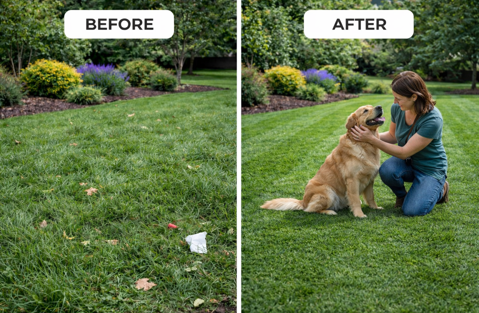 Lawn mowing before and after showing freshly cut lawn with homeowner enjoying yard with their dog