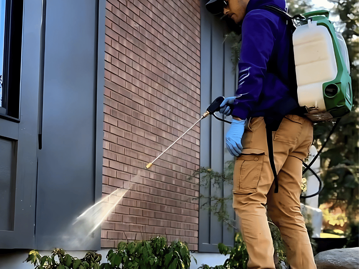 Person spraying insecticide on a brick wall, wearing protective gear.