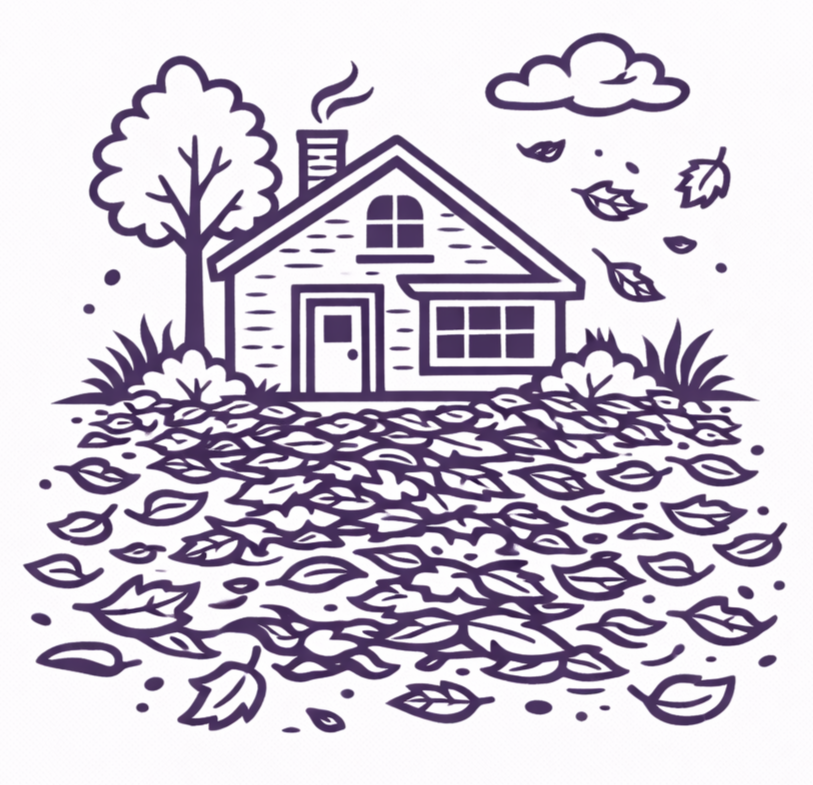 A cozy house with a smoking chimney surrounded by a large pile of autumn leaves and a tree under a cloudy sky.