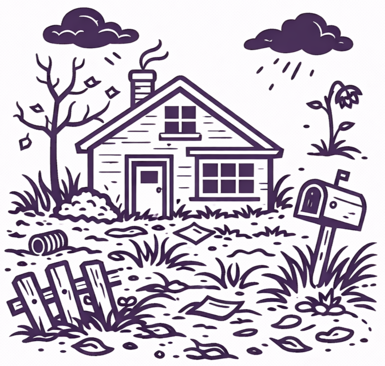 A dark purple illustration of a small, rustic house with a dilapidated fence, scattered debris, and a stormy sky.