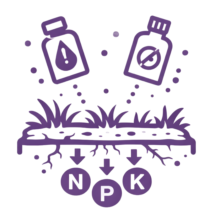 Fertilizer being applied to grass with N, P, K symbols indicating nutrients.