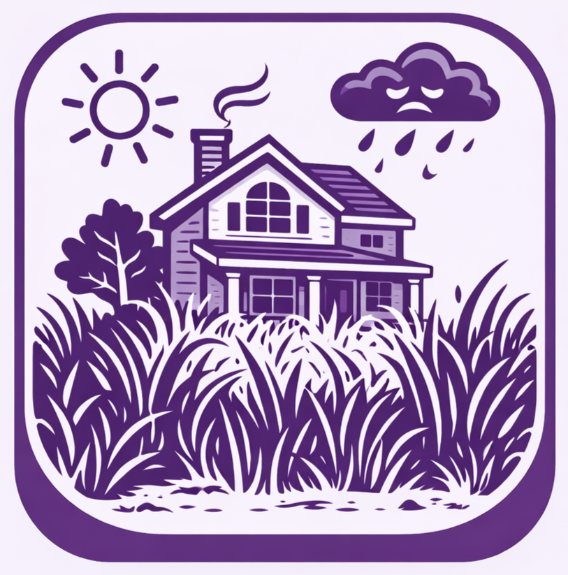 House in tall overgrown grass, sun and sad rain cloud.