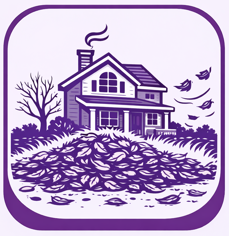 House with chimney, surrounded by large pile of leaves, fall season.