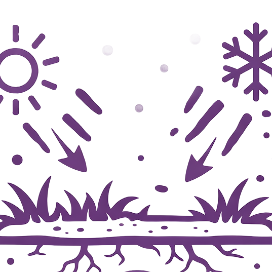 Sun and snowflake over grass and roots, illustrating seasonal effects.