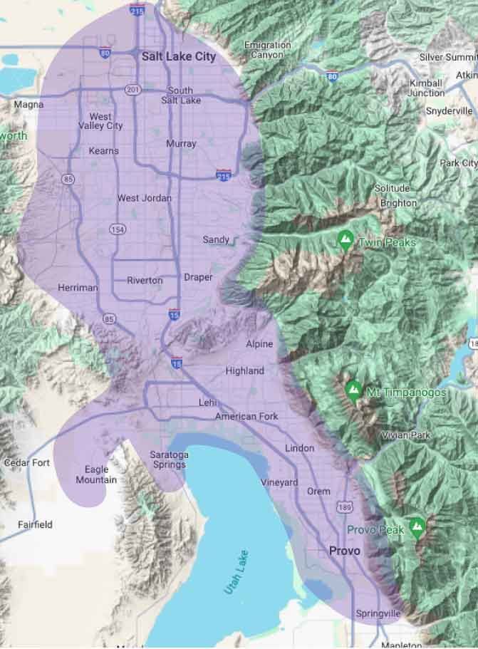 Map of Salt Lake City, Utah, and surrounding areas. Purple shaded region encompasses city, mountains on right, Great Salt Lake below.