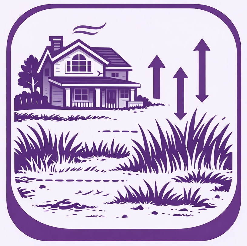 House with arrows indicating uneven lawn height through tall grass.