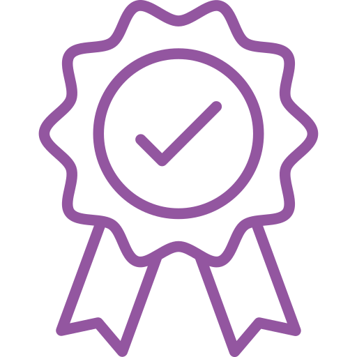 Purple award badge with check mark.