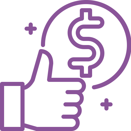 Purple thumbs up with a dollar sign, representing positive financial approval.