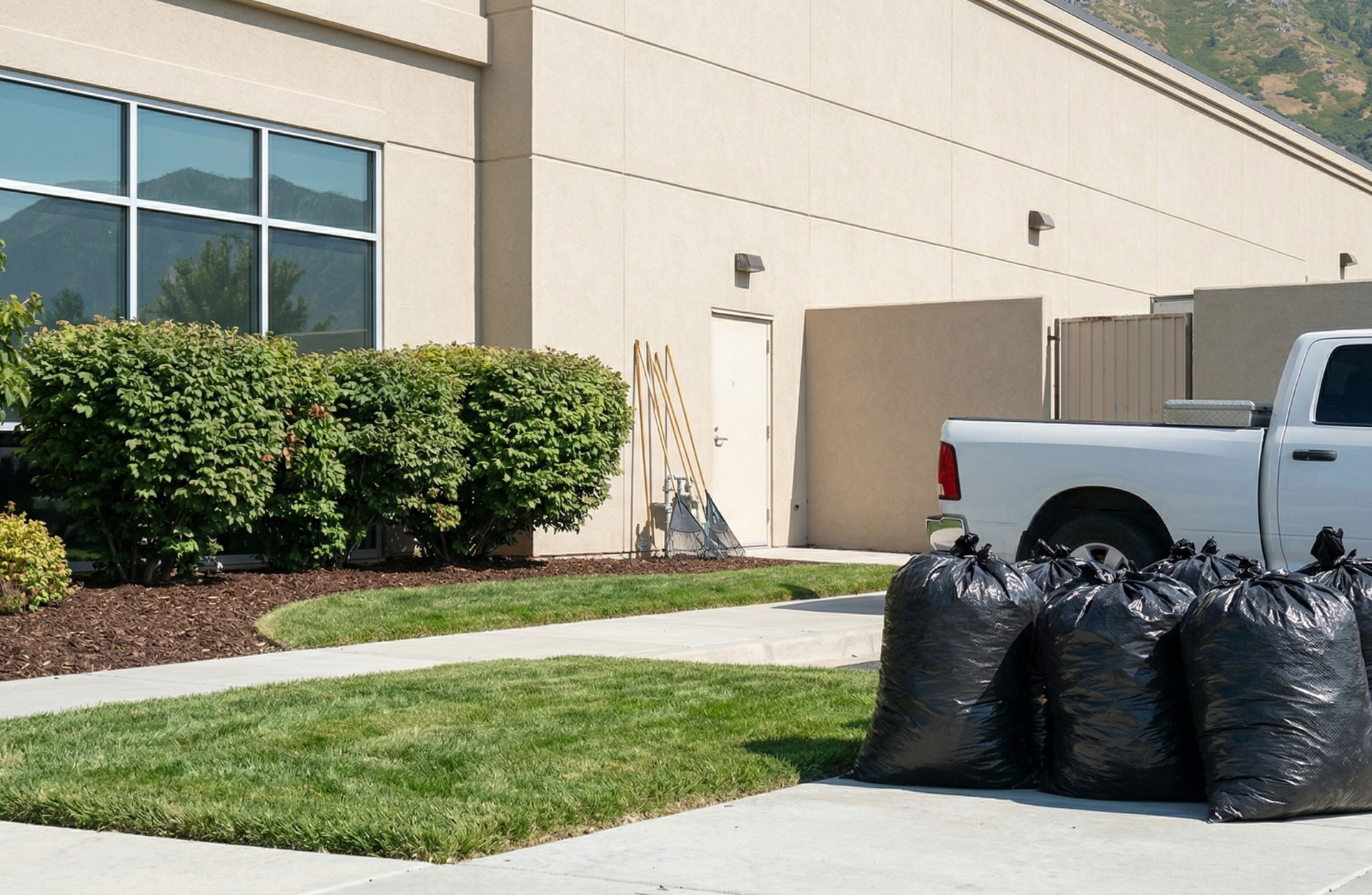 Commercial yard cleanup in Draper Utah showing clean landscaped flower beds and maintained lawn outside a business property