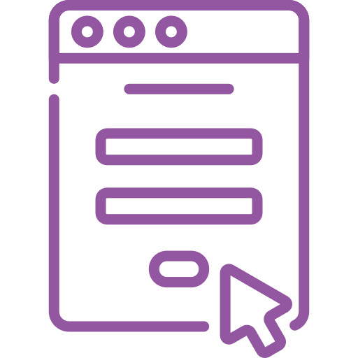 Purple icon of a web form with two text fields and a submit button, with a cursor hovering over it.