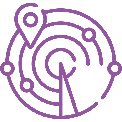Purple radar with location pin and circular targets.