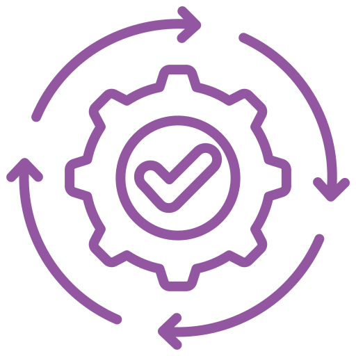 Purple gear with checkmark inside, surrounded by circular arrows.