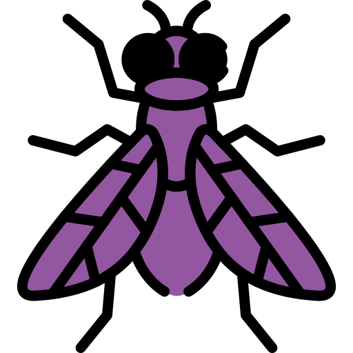 Purple cartoon fly with black outline and big eyes.