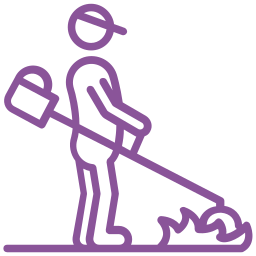 Person using a weed torch; purple line art.