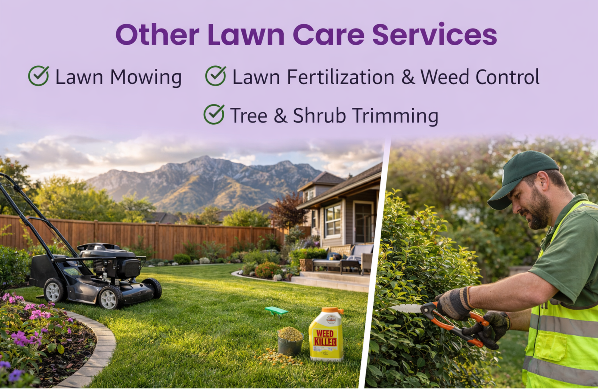 Professional lawn care services in Draper Utah including lawn mowing, fertilization, weed control, and tree and shrub trimming in a residential yard