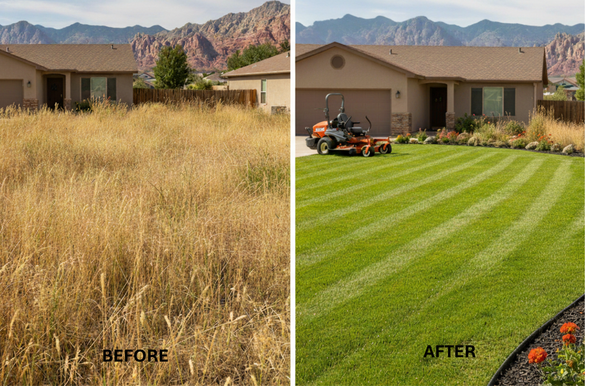 Before and after comparison of a house lawn: overgrown, dry weeds on left; neatly mowed green grass with a riding mower on the right.