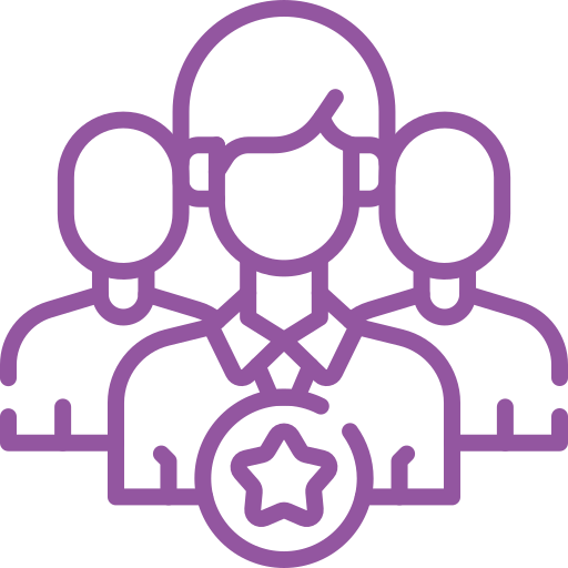 Group of people, one with star icon, purple outline.