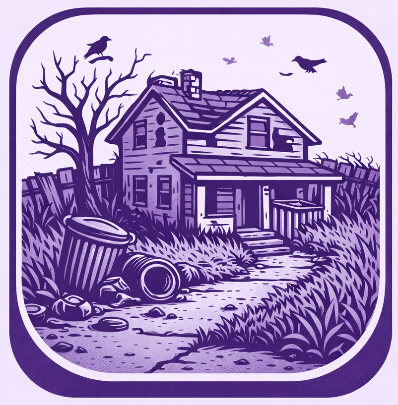 Neglected lawn property. Purple and white tones. Moody cloud.