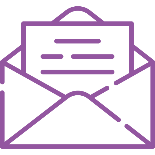 Purple envelope open with a letter inside.
