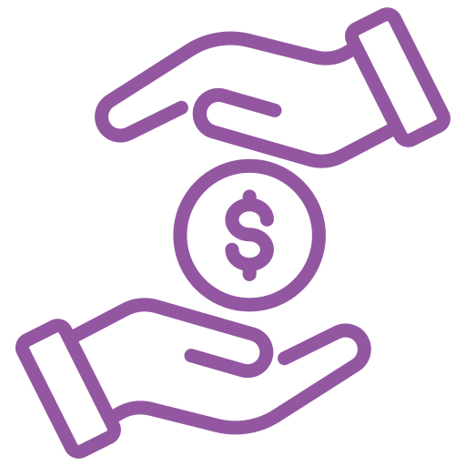 Purple hands passing a dollar coin.
