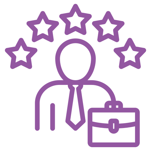 Purple outline of a person with stars above their head, holding a briefcase.