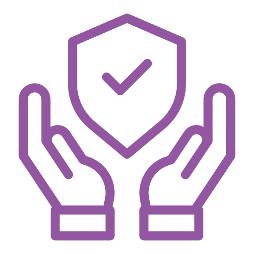 Purple hands cupping a shield with a checkmark, symbolizing protection and security.