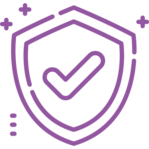 Purple shield icon with a checkmark, indicating security or approval.