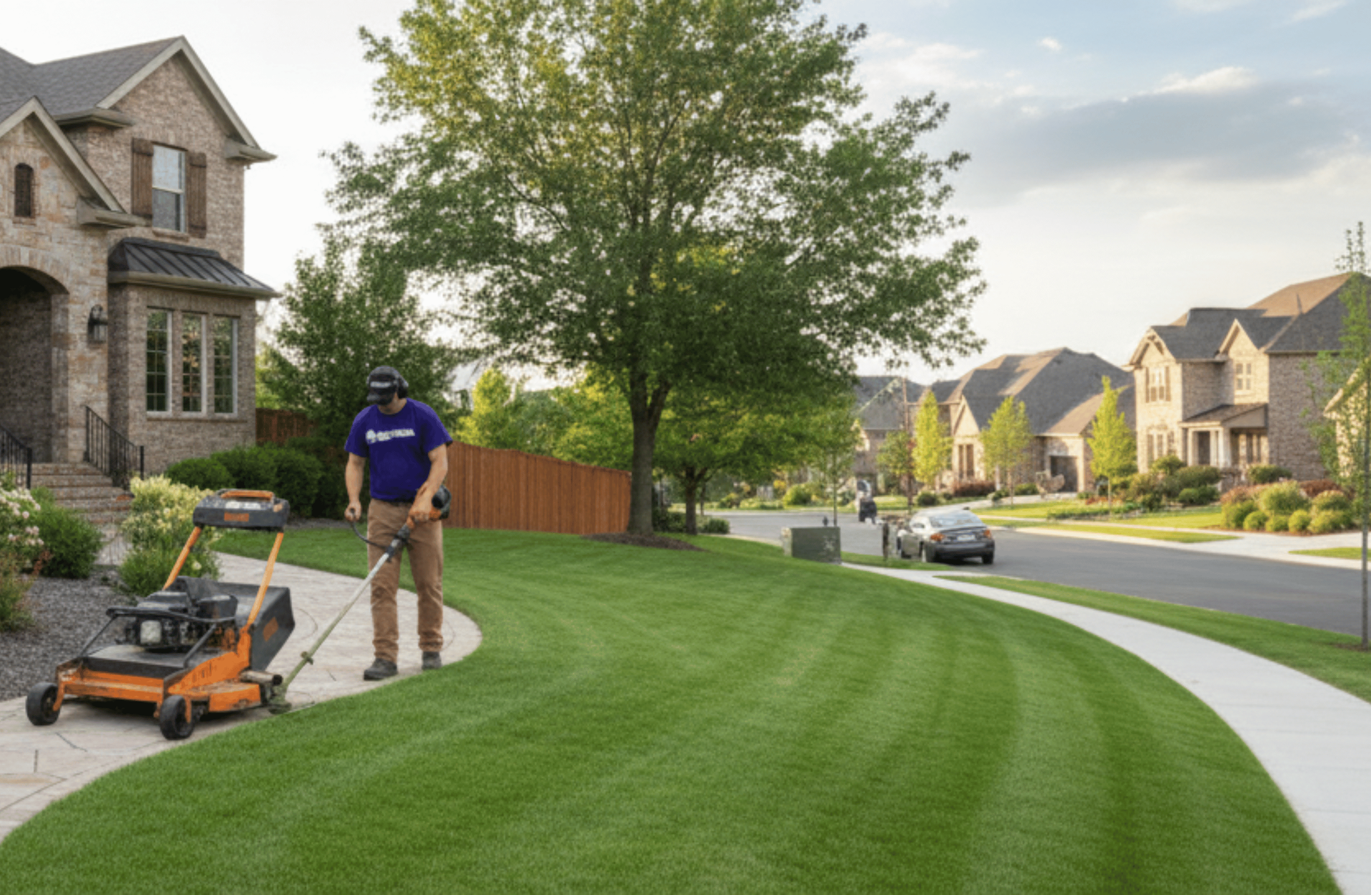 SolTerra technician applying lawn fertilizer in a Saratoga Springs, UT residential neighborhood with company truck on-site