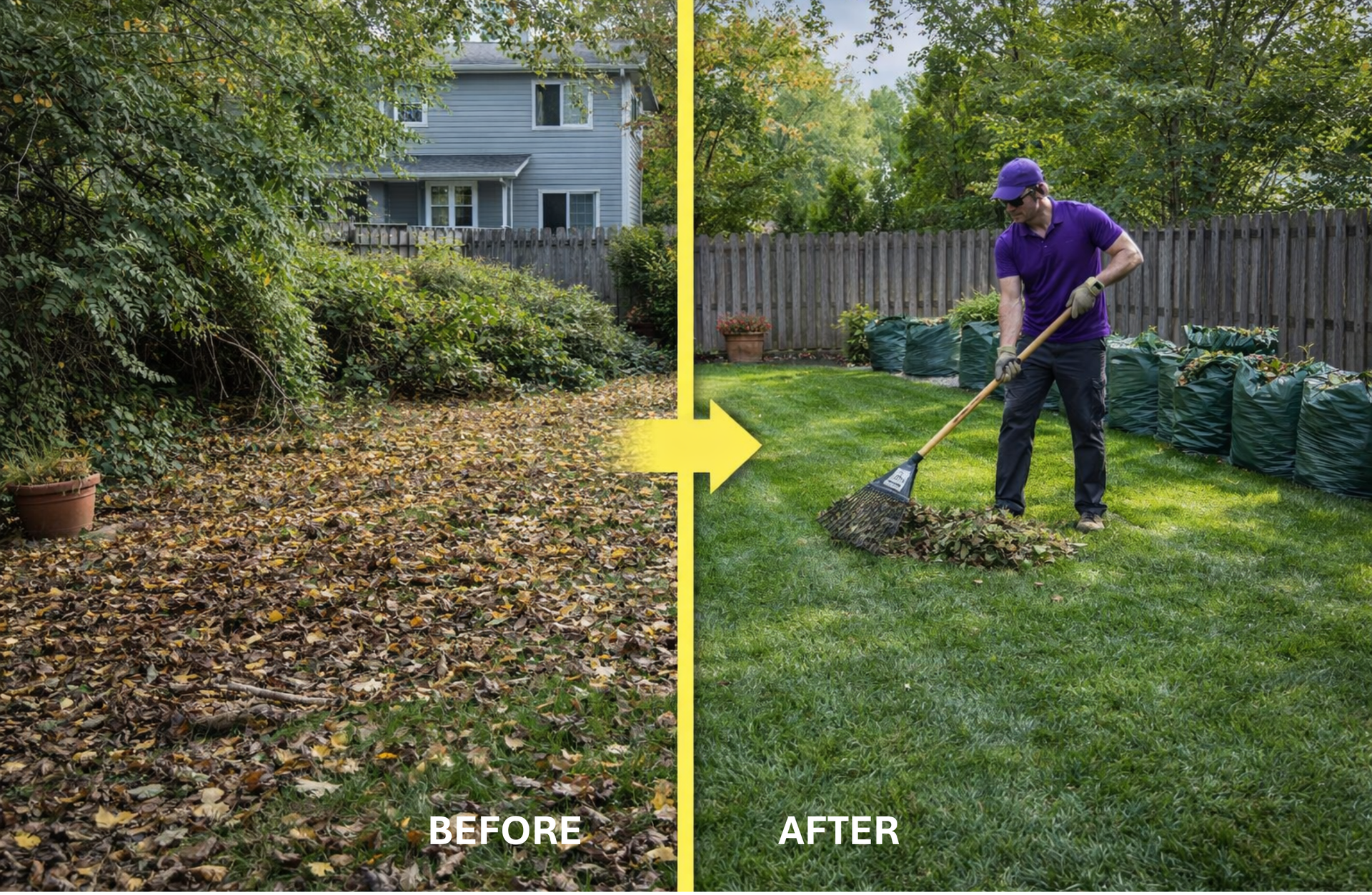 Before and after yard cleanup in Draper UT with leaf piles and debris cleared from a residential front yard