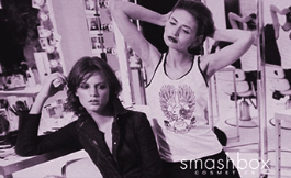 A black and white photo of two women with the word smashbox in the corner