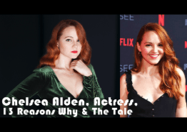 A collage of two pictures of a woman with red hair and the caption chelsea alden actress 13 reasons why & the tale