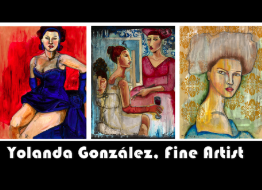 A collage of three paintings of women by tolanda gonzalez